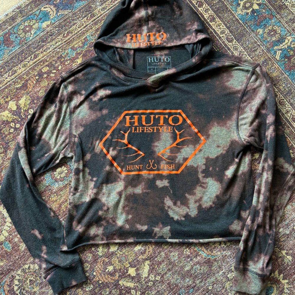 Camo Hunting/Camping/Fishing Crop Sweater/Hoodie Grunge Style Bleach Dye
